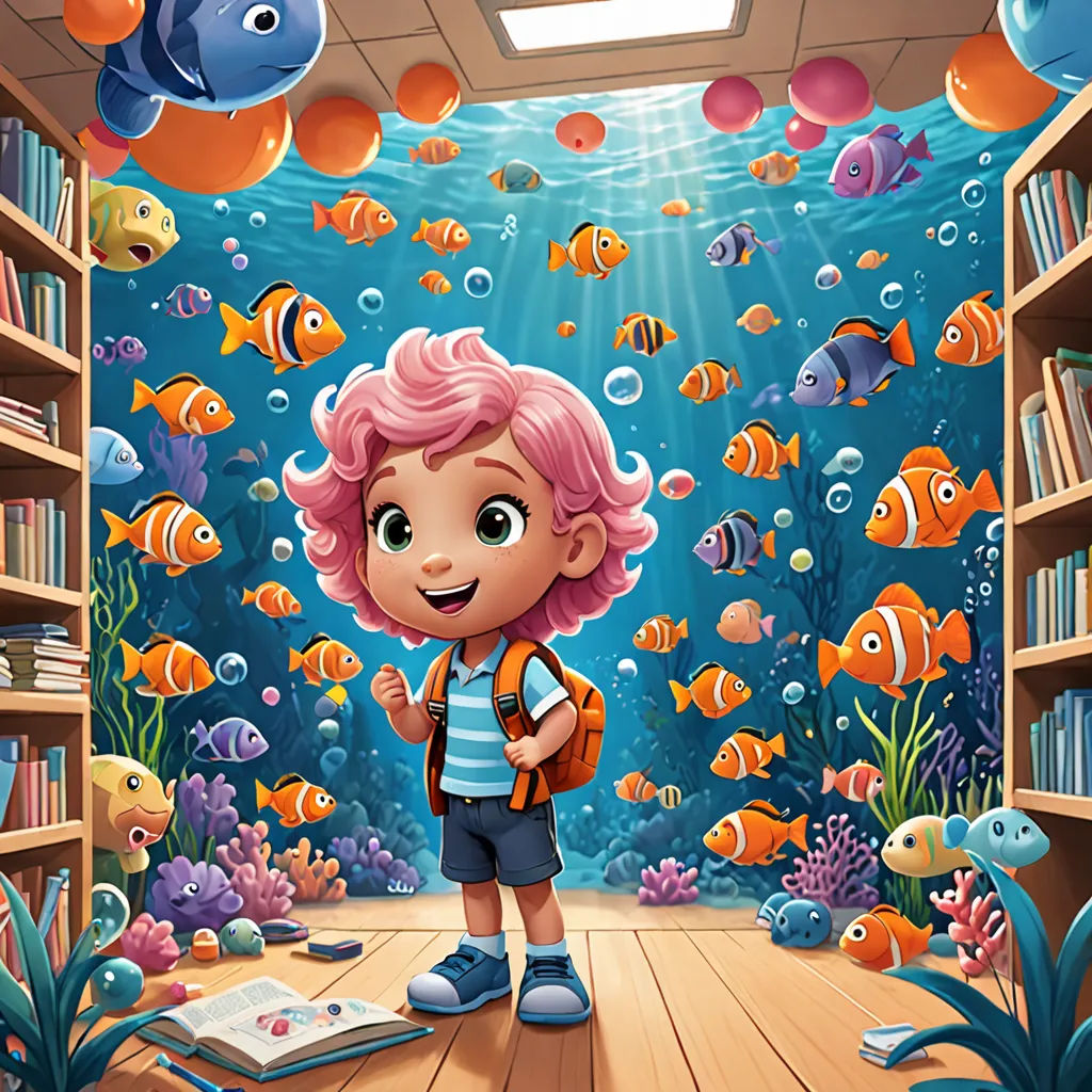 a girl in a library surrounded by fish and corals with a book in her hand and a book in her other hand, pop surrealism, a storybook illustration, Cliff Childs, storybook illustration