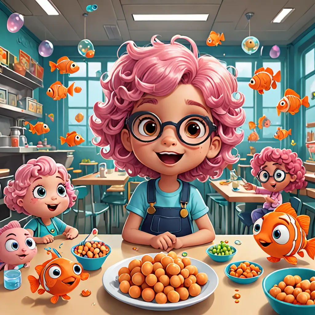 a cartoon girl with pink hair and glasses sitting at a table with fish and bubbles in the background and a group of other children, paris school, a storybook illustration, Diego Gisbert Llorens, highly detailed digital painting