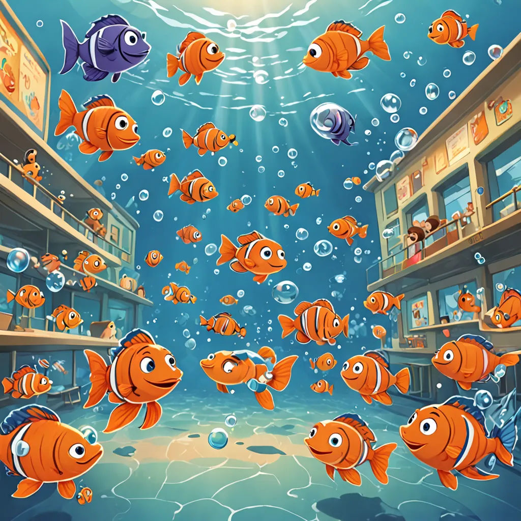 a group of fish swimming in a large aquarium with a ship in the background and a man in a boat in the water, lyco art, a storybook illustration, David Martin, lostfish