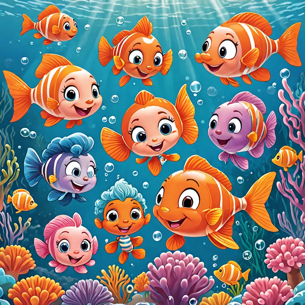 a group of fish swimming under the ocean water with bubbles and bubbles on the bottom of the water, and a sunbeam above, pop surrealism, a storybook illustration, Cliff Childs, pixar and disney animation