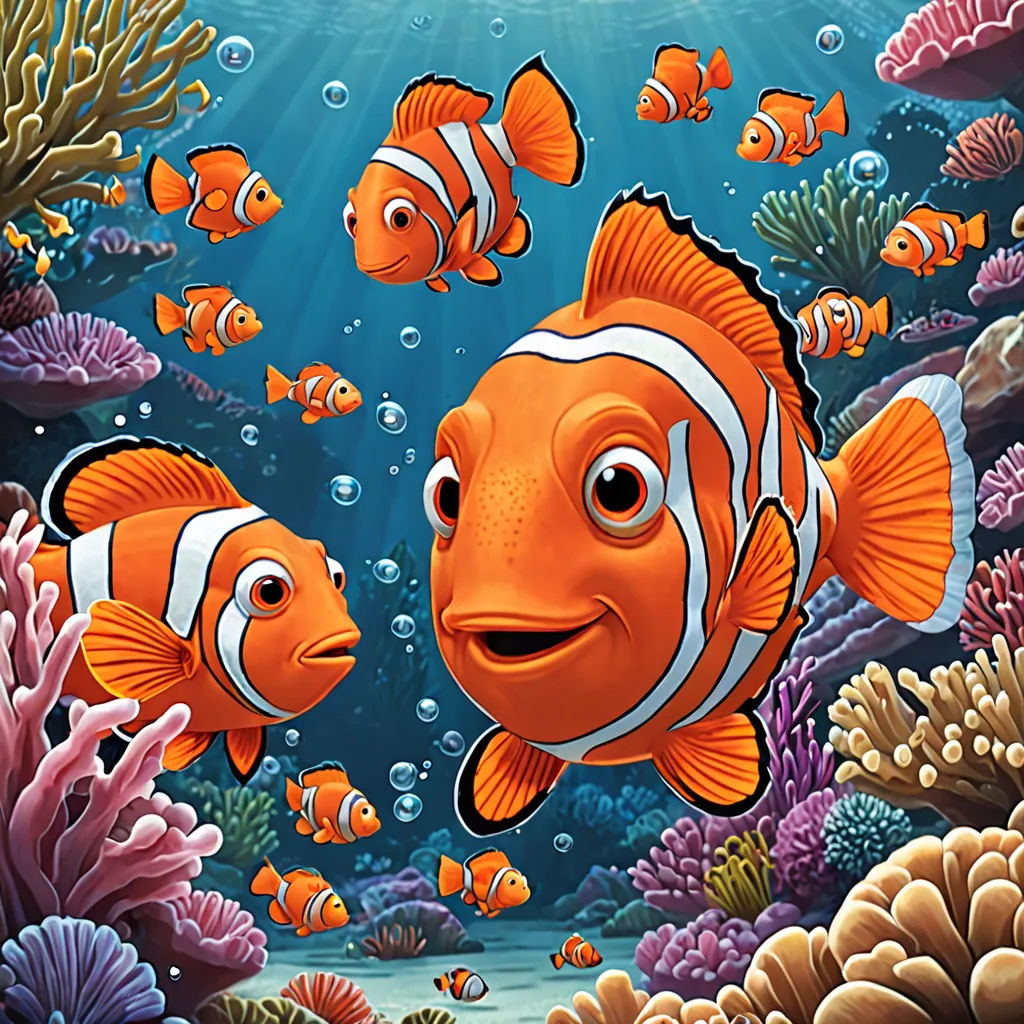 a painting of two clown fish swimming in the ocean with corals and seaweeds around them, with a blue sky background, pop surrealism, a storybook illustration, Andries Stock, highly detailed digital art