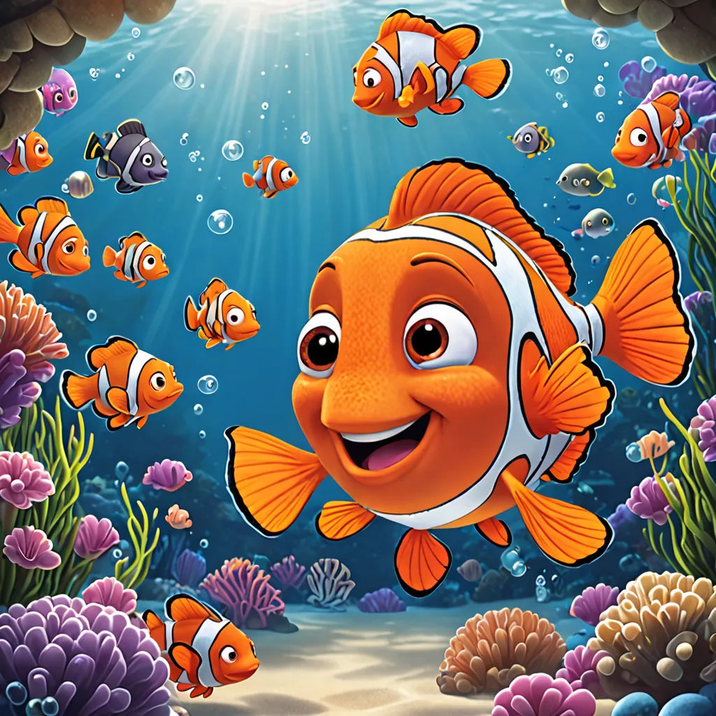 a cartoon fish with an orange and white clown fish in the ocean with corals and other fish around, pop surrealism, a storybook illustration, Andries Stock, pixar and disney animation