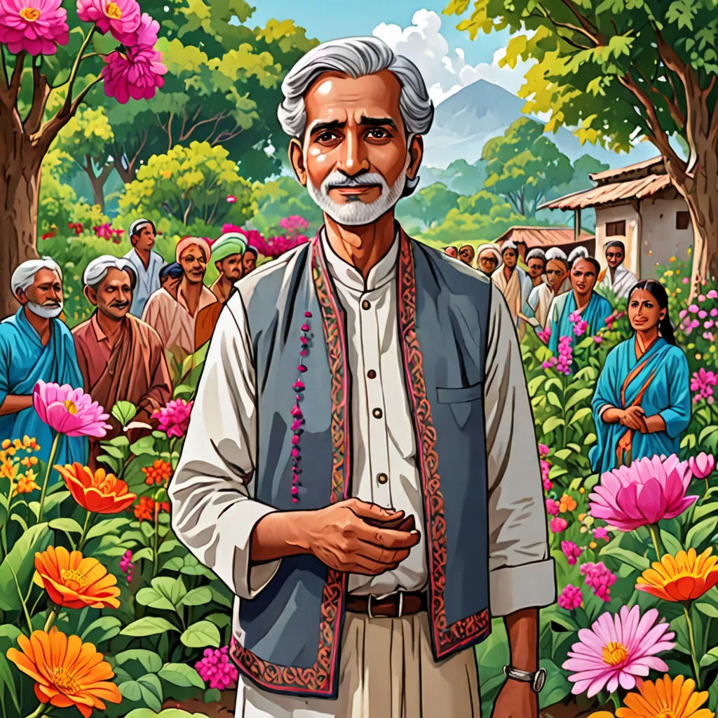 a painting of a man standing in a field of flowers with a group of people behind him and a building in the background, Bhupen Khakhar, samikshavad, a character portrait, promotional image