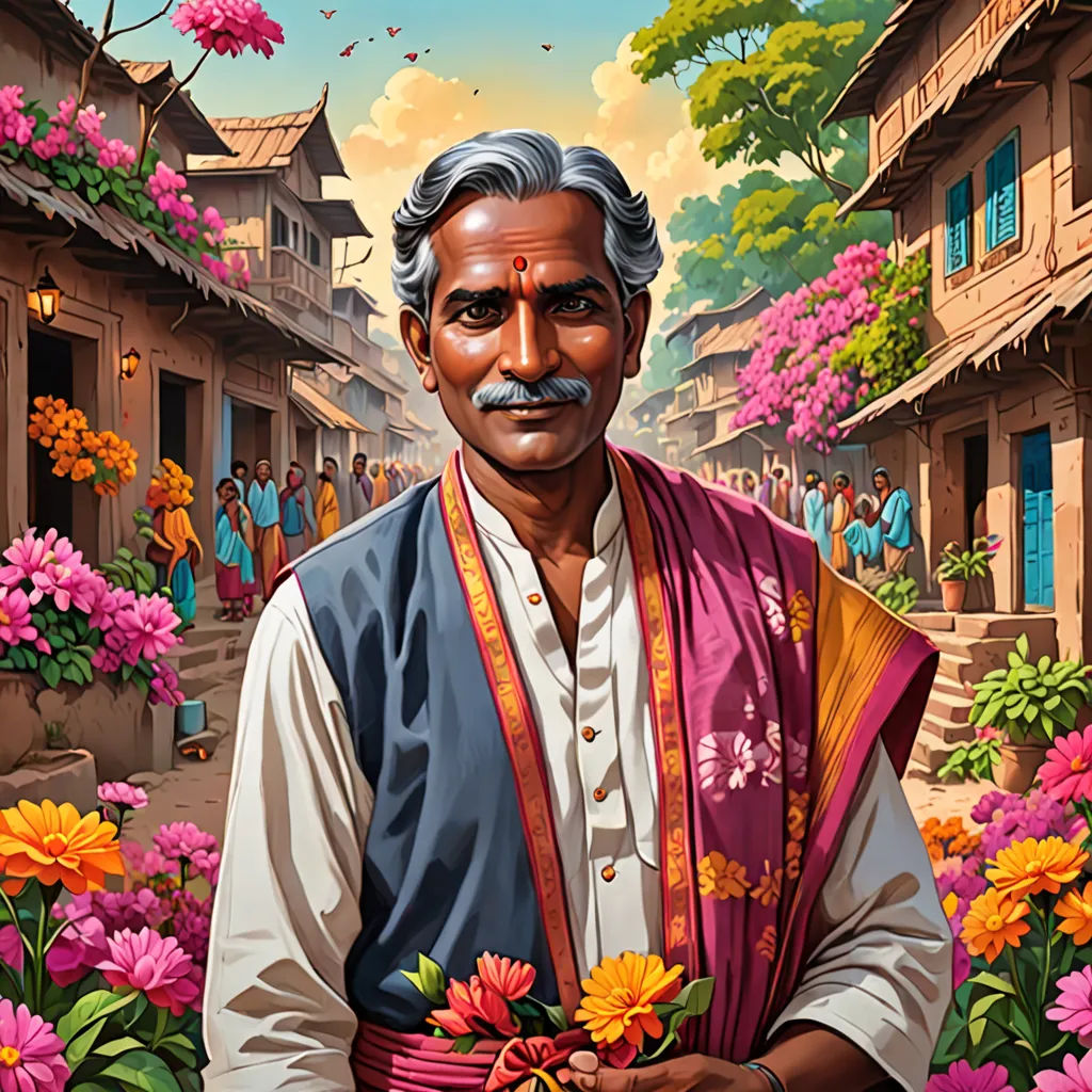 a painting of a man in a colorful outfit standing in a street with flowers in front of him and a crowd of people in the background, Bholekar Srihari, samikshavad, a character portrait, jayison devadas