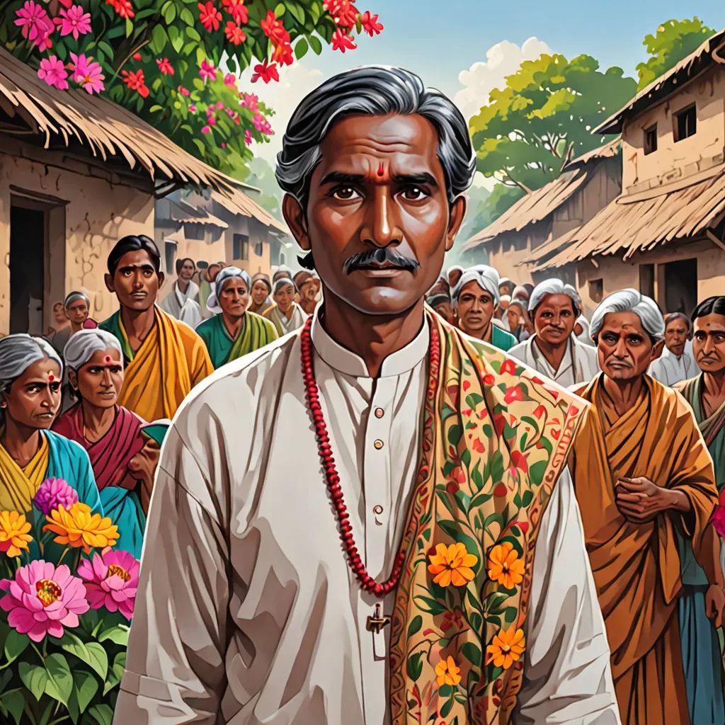 a painting of a man in a white shirt and a bunch of people in the background with flowers in his hand, Bholekar Srihari, samikshavad, a character portrait, jayison devadas