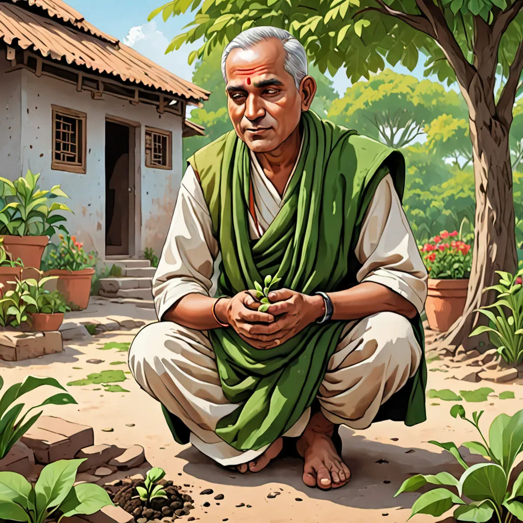 a painting of a man sitting in a garden with a potted plant in front of him and a house in the background, Bapu, samikshavad, a character portrait, official art