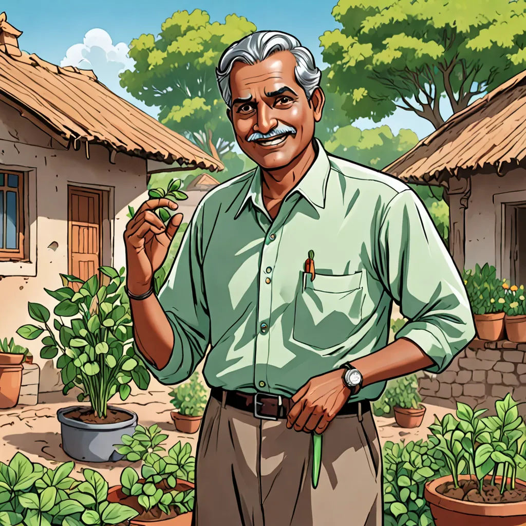 a man standing in front of a house holding a plant in his hand and a potted plant in the other hand, Bhupen Khakhar, samikshavad, a character portrait, official art