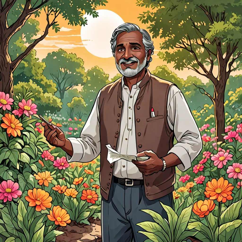 a man standing in a field of flowers holding a paper in his hand and pointing to the ground with a paper in his hand, Bhupen Khakhar, environmental art, a character portrait, official art