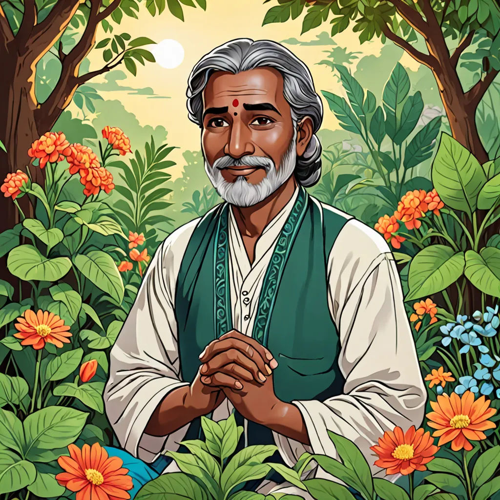 a man in a green vest standing in a forest with flowers and trees around him, with a painting of him, Bholekar Srihari, samikshavad, a character portrait, jayison devadas