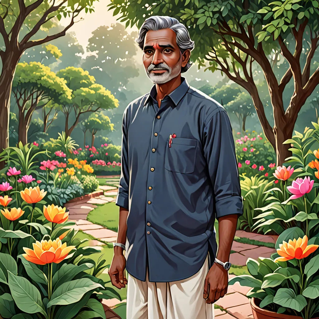 a man standing in a garden with flowers and trees in the background, with a painting of him in the foreground, Bhupen Khakhar, samikshavad, a character portrait, jayison devadas