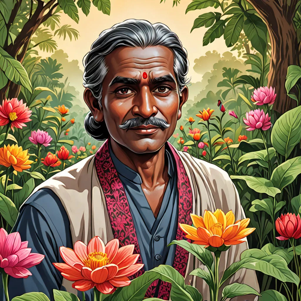 a painting of a man in a field of flowers with a tree in the background and a sun in the sky, Bholekar Srihari, samikshavad, a character portrait, jayison devadas