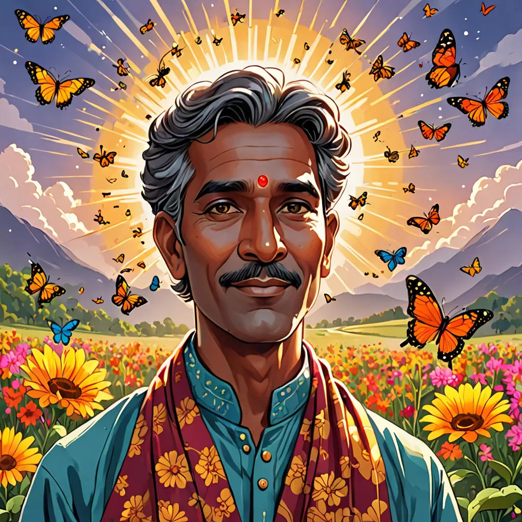 a man with a mustache and a beard standing in a field of flowers with butterflies flying around him and a sunburst in the background, Bikash Bhattacharjee, magical realism, a character portrait, jayison devadas