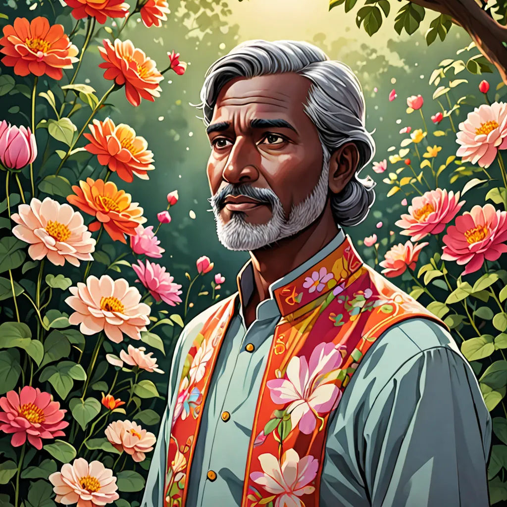 a man with a beard and a beard standing in front of flowers and trees with a bright sun in the background, Chris LaBrooy, magical realism, a character portrait, character portrait