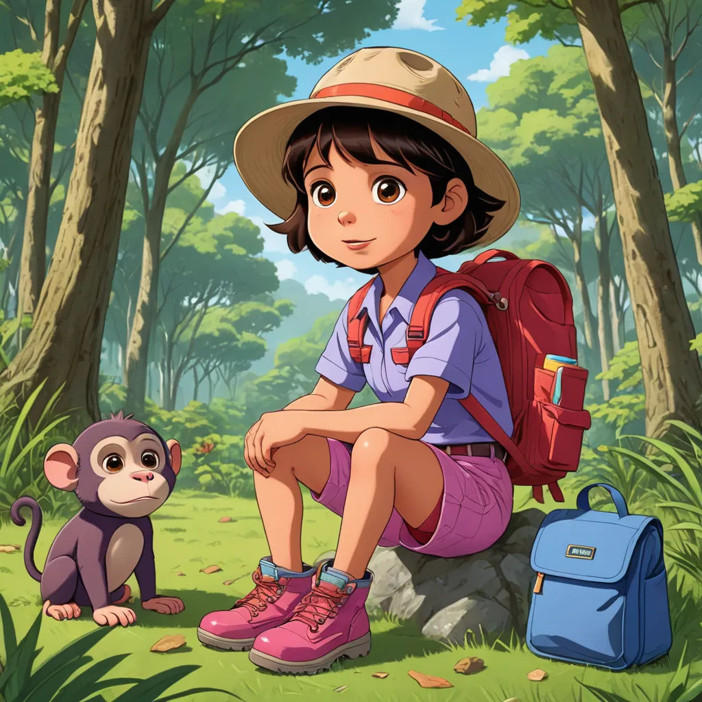 a young girl sitting on a rock next to a monkey in a forest with a backpack on her back, serial art, a character portrait, Ella Guru, promotional image