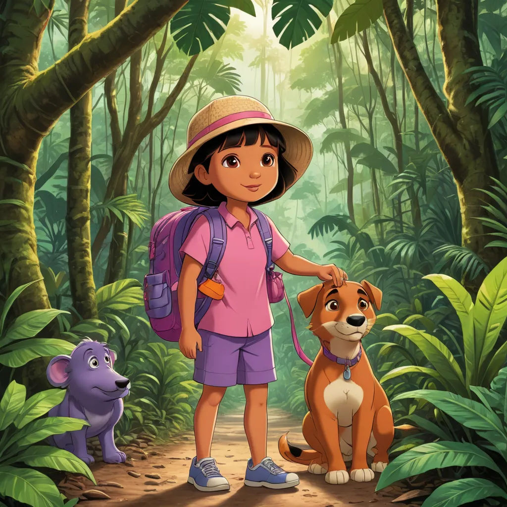 a young girl is standing in the jungle with her dog and a dog on a leash, and another dog is looking at her, furry art, a storybook illustration, Ella Guru, promotional image