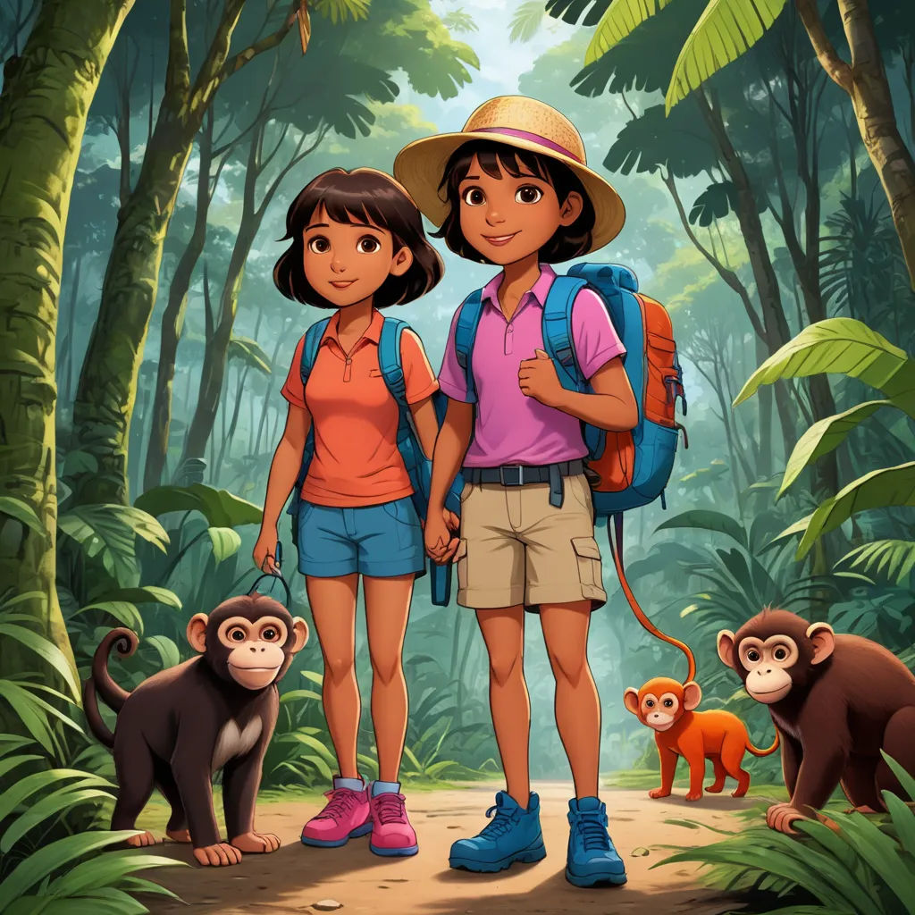 a couple of people standing in the middle of a forest with monkeys and a monkey behind them on a path, primitivism, concept art, Cliff Childs, promotional image