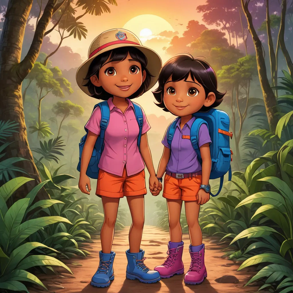 a couple of kids standing next to each other in the forest with a sun in the background and trees, serial art, poster art, Ella Guru, promotional image