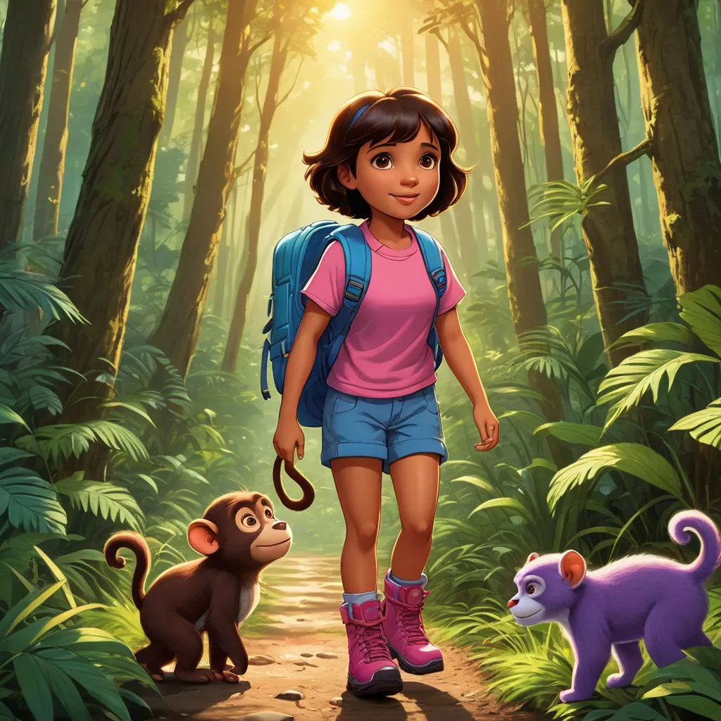 a girl with a backpack and a monkey in the woods with sunlight shining through the trees behind her and a monkey on the path, sots art, poster art, Cliff Childs, promotional image
