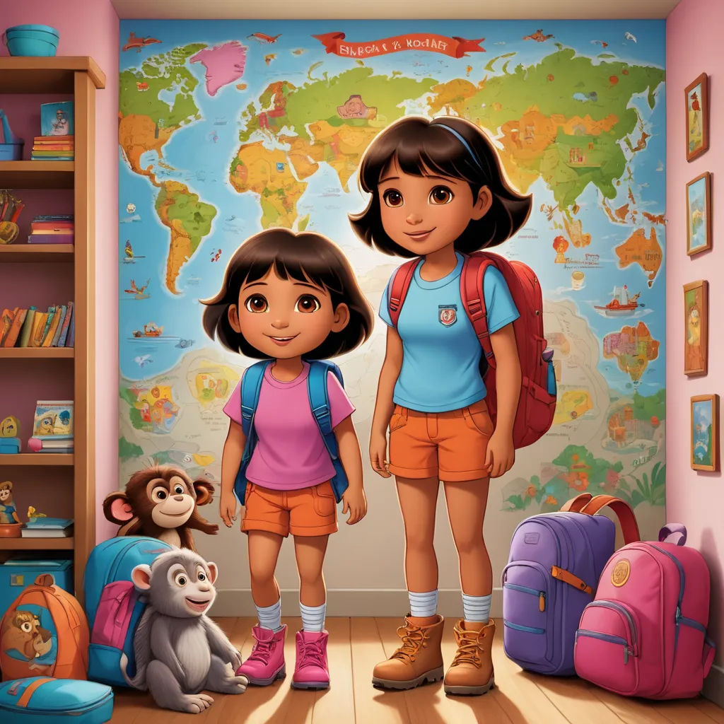a girl and a boy standing in a room with a map on the wall and a backpack on the floor, serial art, poster art, disney, promotional image