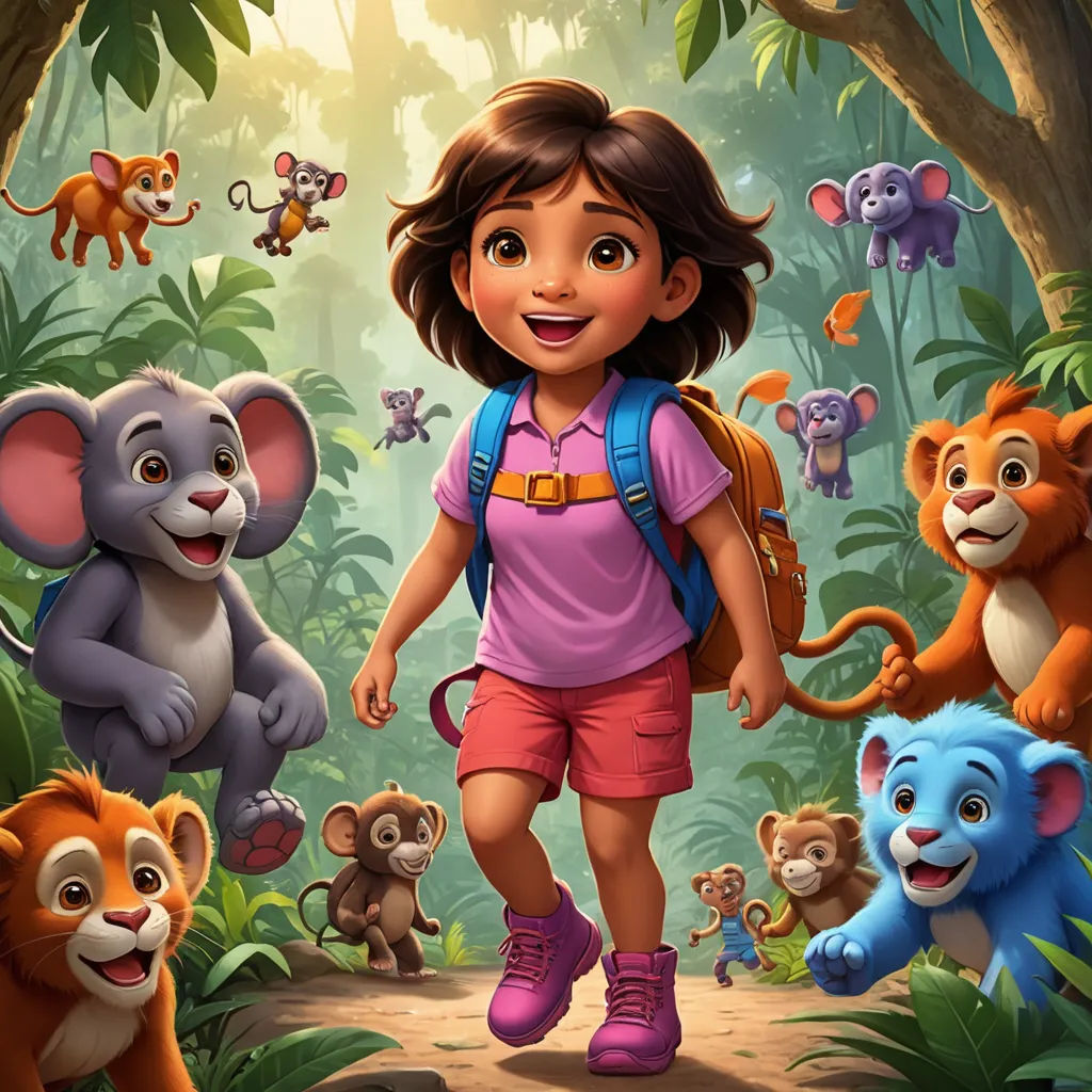 a girl is walking through the jungle with many animals around her and a monkey on the other side of the picture, furry art, poster art, Ella Guru, promotional image