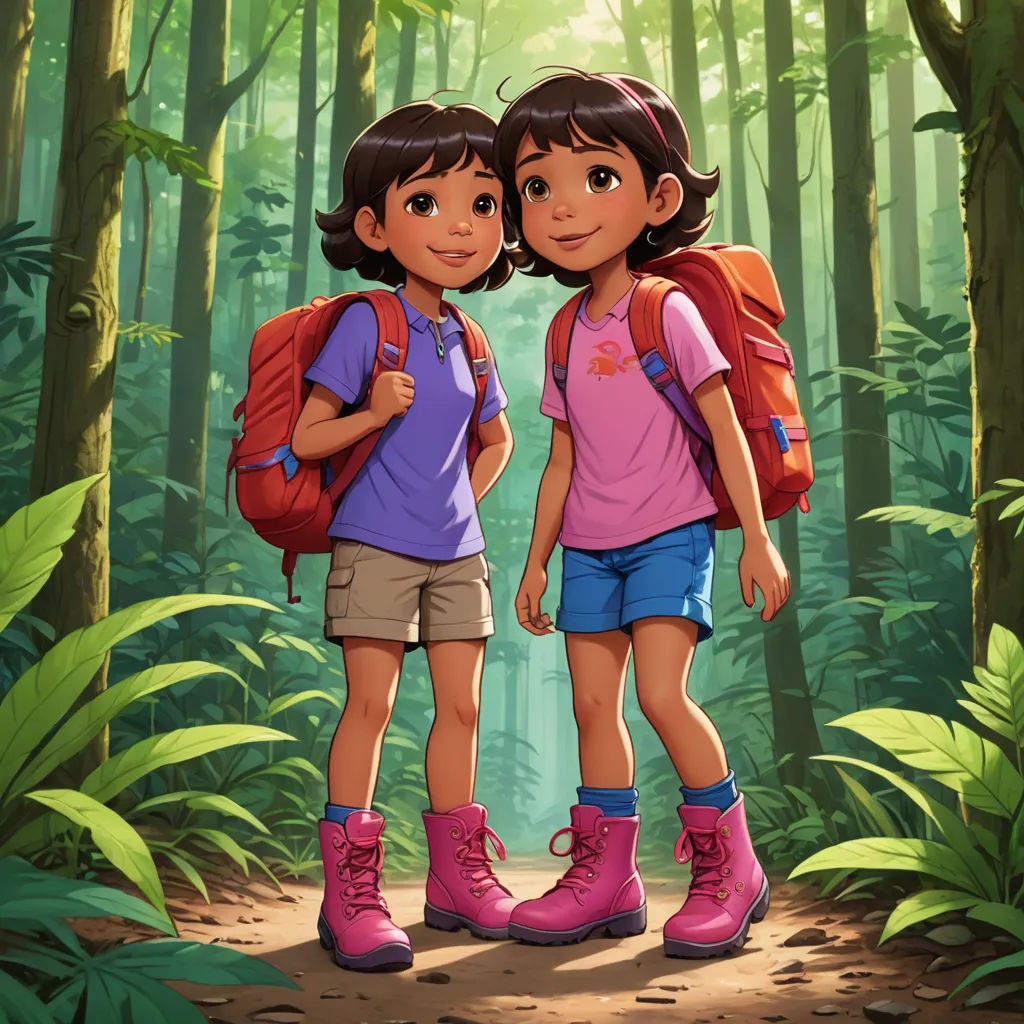 two young girls standing in the middle of a forest with backpacks on their shoulders and a backpack on their back, lyco art, concept art, disney, promotional image