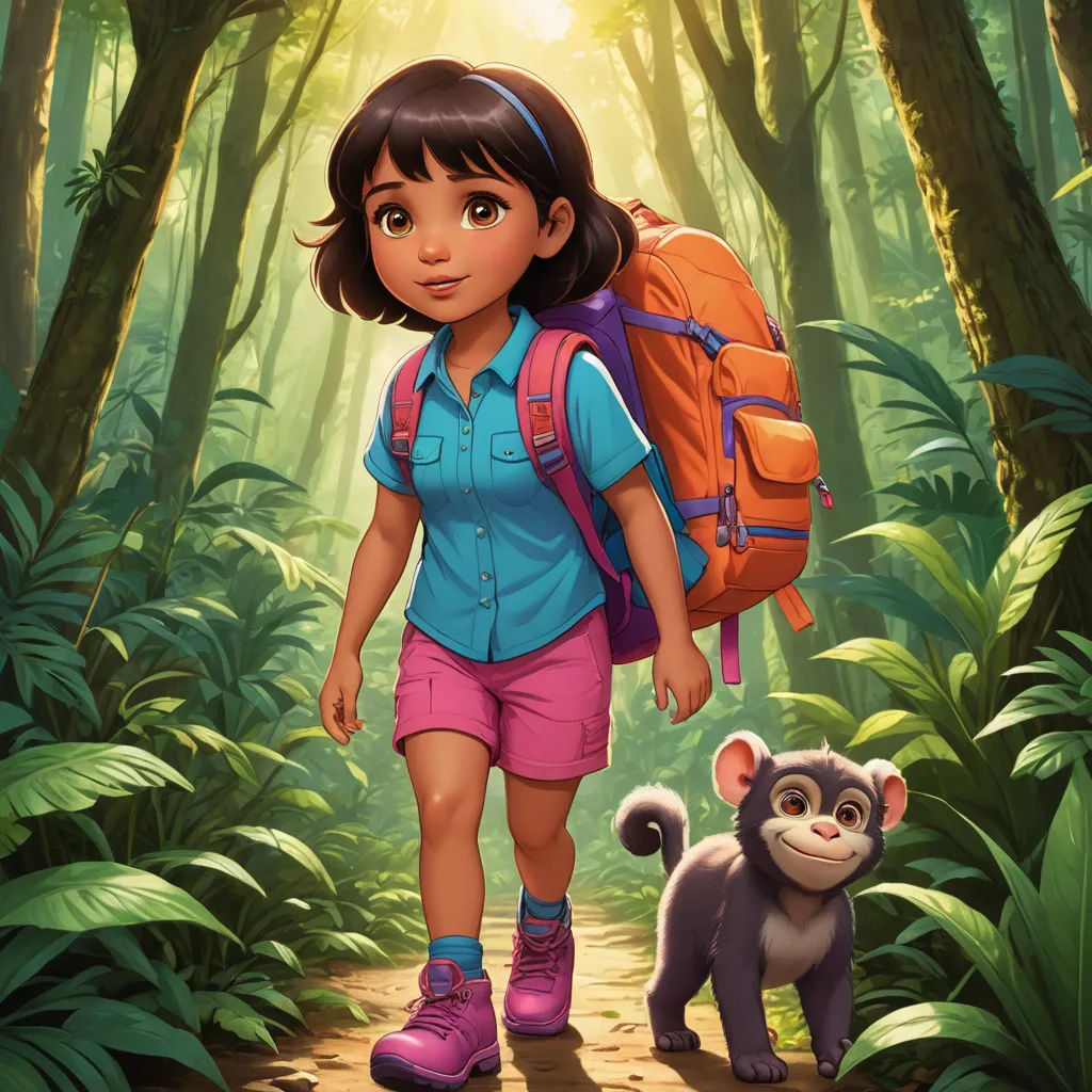 a girl with a backpack and a monkey in the woods with sunlight coming through the trees behind her,, sots art, a character portrait, Ella Guru, promotional image