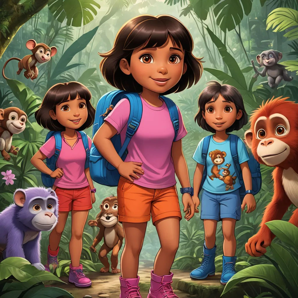 a cartoon of a girl and two girls standing in the jungle with monkeys and other animals around her,, sumatraism, poster art, Ella Guru, promotional image