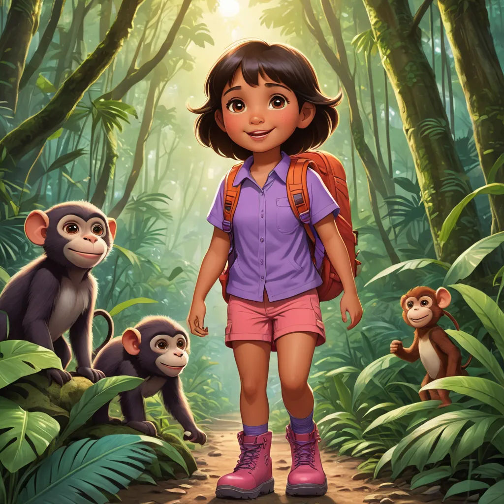 a girl with a backpack and monkey in the jungle with sunlight shining through the trees and leaves on the ground, primitivism, poster art, Ella Guru, promotional image
