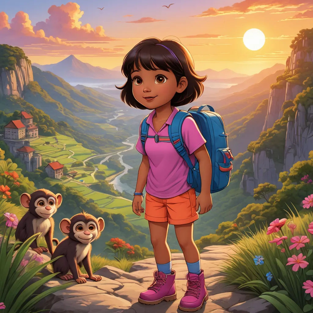 a girl with a backpack standing in front of a mountain with a monkey and a monkey cub in the background, sots art, a character portrait, Chris LaBrooy, promotional image