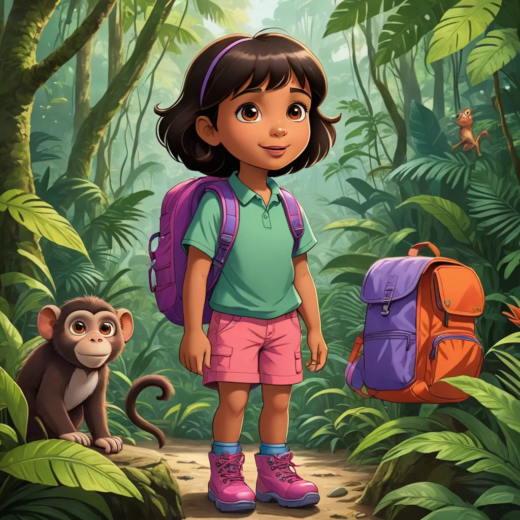 a girl with a backpack and a monkey in the jungle illustration by alex krautke for the children's book, serial art, a character portrait, Briana Mora, promotional image