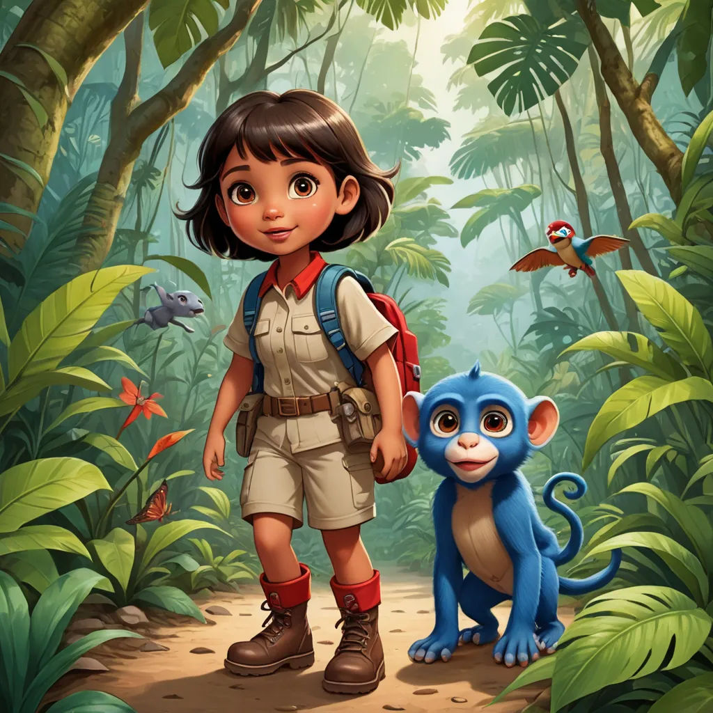 a young girl and a monkey in the jungle with a bird flying above her head and a bird on the ground, serial art, poster art, Cliff Childs, promotional image