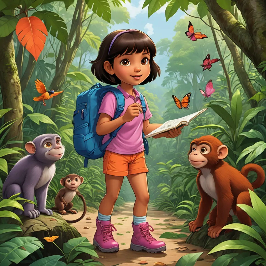 a girl in the jungle with monkeys and a map in her hand and a book in her hand,, serial art, a storybook illustration, Ella Guru, promotional image