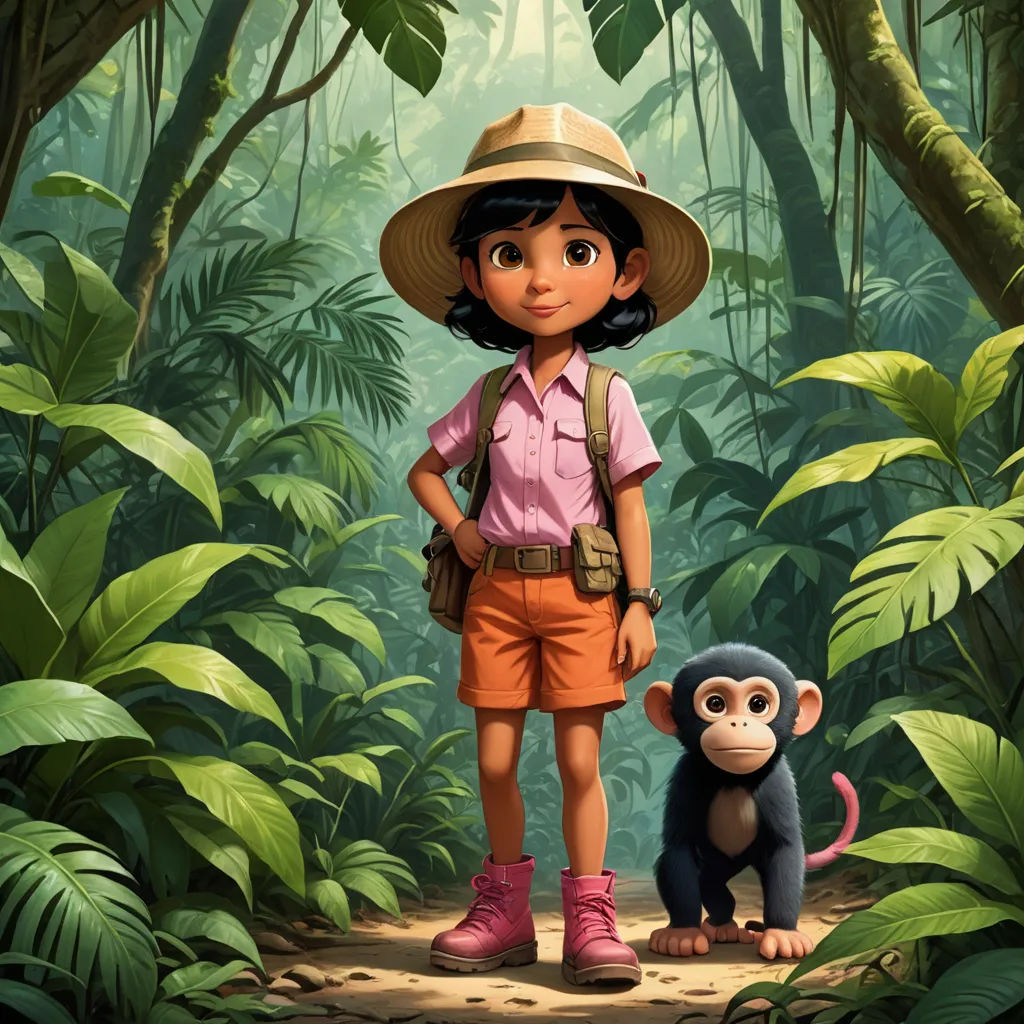 a girl and a monkey in a jungle with a background of trees and plants and leaves, with a person in the foreground, serial art, concept art, Cliff Childs, pixar and disney animation