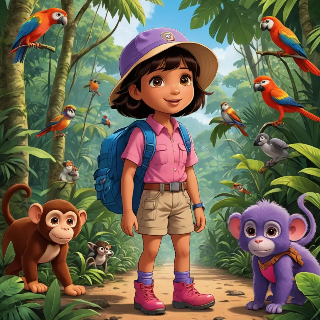 a girl in a pink shirt and a monkey and monkey on a jungle path with birds and monkeys in the background, primitivism, a character portrait, Ada Gladys Killins, promotional image