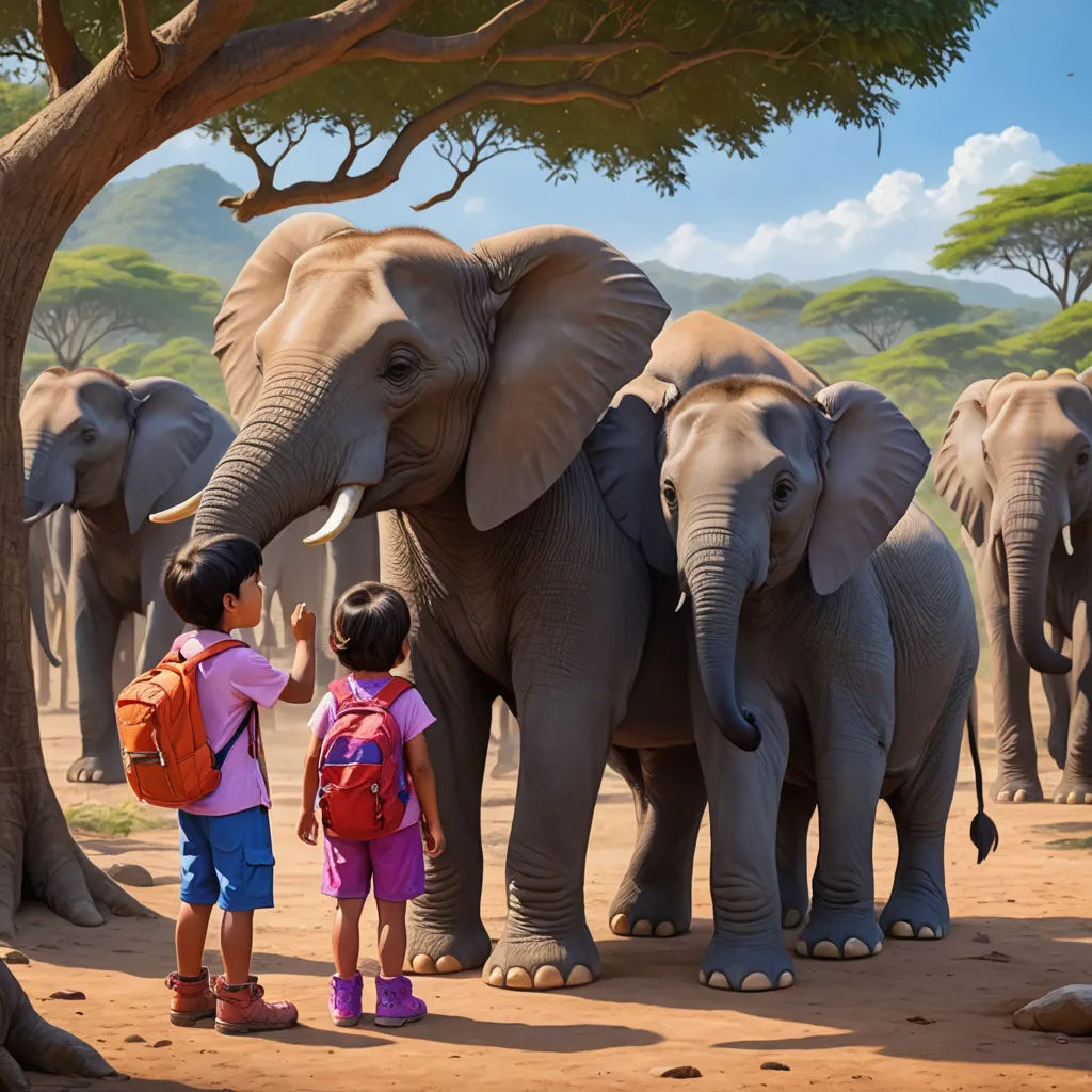 a couple of people standing next to a group of elephants on a dirt field with trees in the background, photorealism, a storybook illustration, Chris LaBrooy, highly detailed digital painting