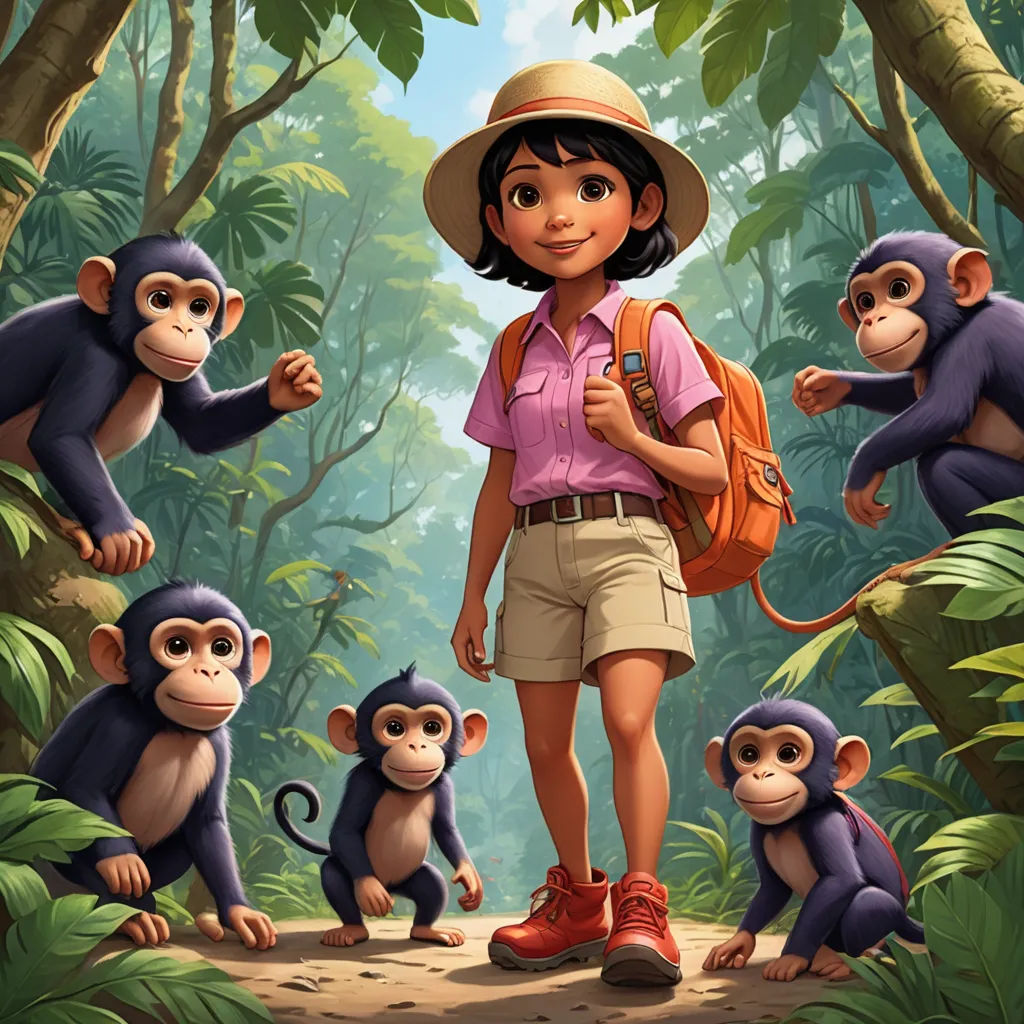 a girl with a backpack standing in front of monkeys in the jungle with a backpack on her shoulder and a backpack on her shoulder, neo-primitivism, a character portrait, Cliff Childs, promotional image