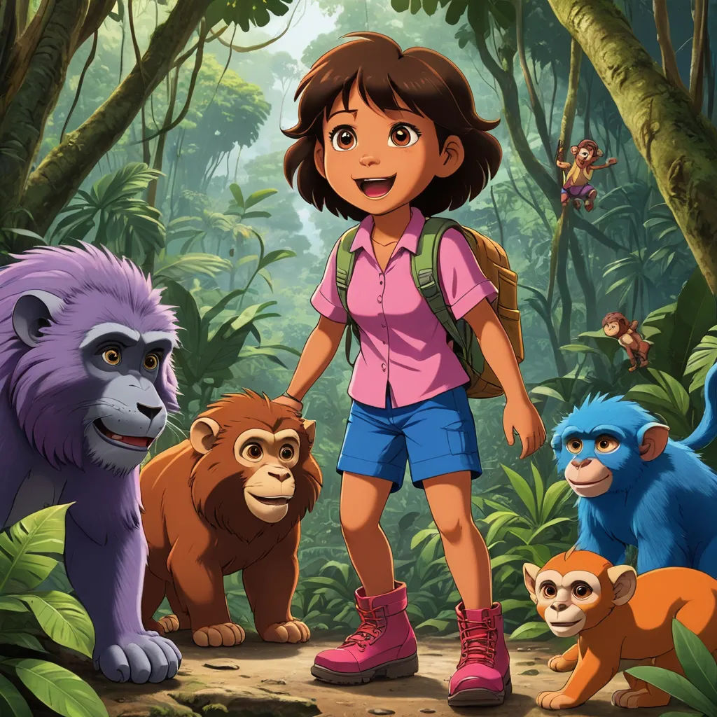 a girl standing in the jungle with monkeys and a monkey cub in front of her and a monkey on the other side, furry art, concept art, Ella Guru, promotional image