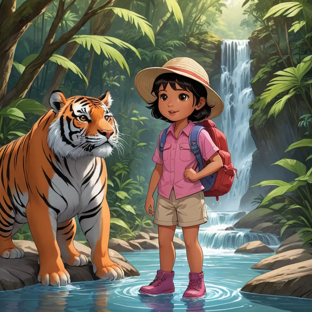 a girl standing in front of a tiger in a jungle with a waterfall in the background and a tiger in the foreground, furry art, a storybook illustration, Drew Struzan, promotional image