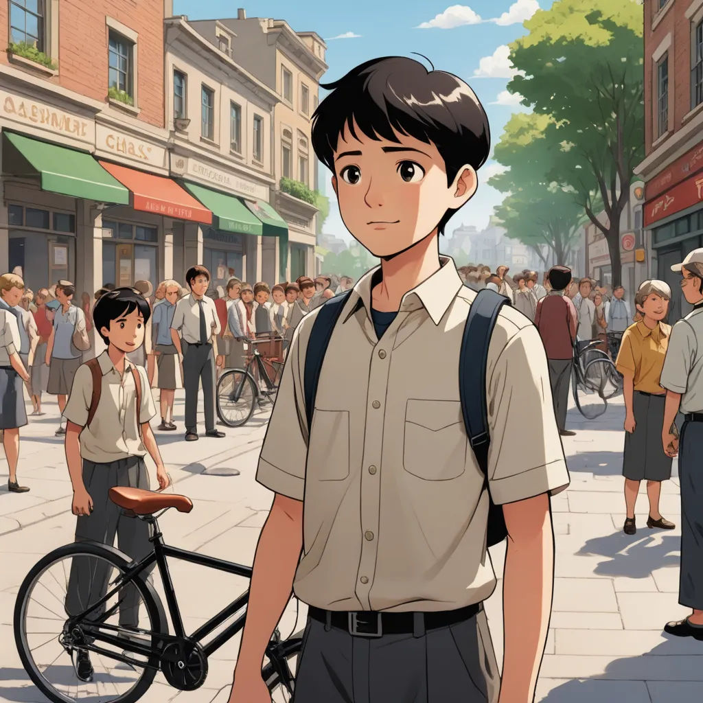 a man standing in front of a crowd of people on a street with a bike in front of him, fantastic realism, a comic book panel, Asaf Hanuka, official art