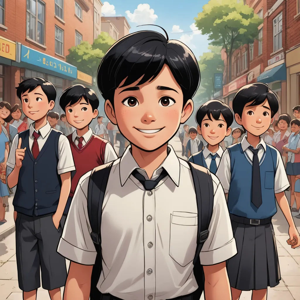 a cartoon of a boy in a school uniform standing in front of a group of school children in a city, serial art, a comic book panel, Du Jin, graphic novel