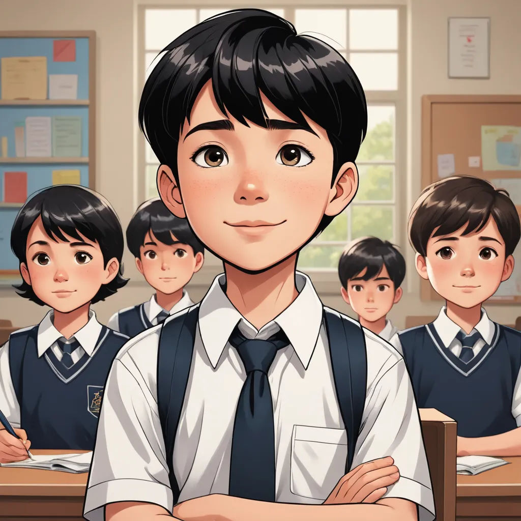 a boy in a school uniform standing in front of a group of other boys in uniform in a classroom, paris school, a comic book panel, Du Jin, official art