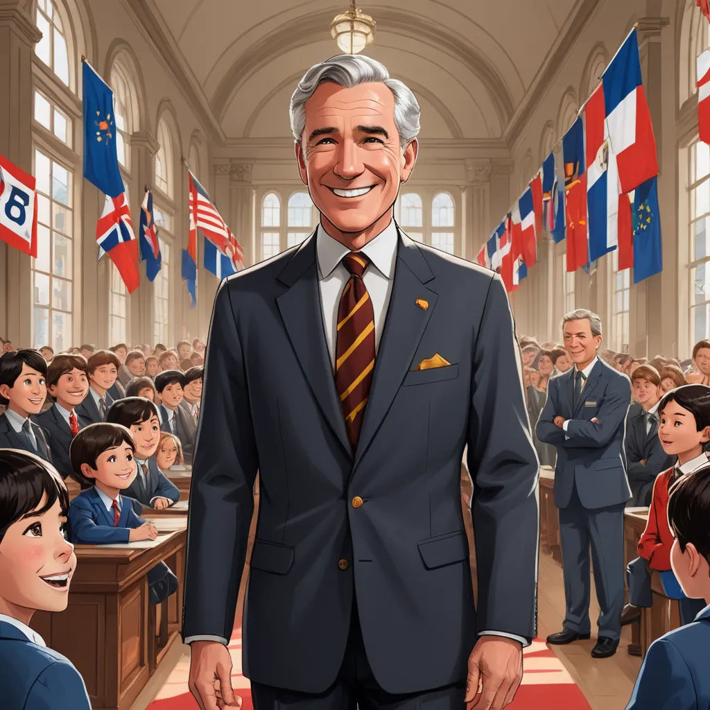 a man in a suit standing in front of a classroom full of people with flags behind him and a smiling man in a suit, paris school, a character portrait, F. Scott Hess, official art