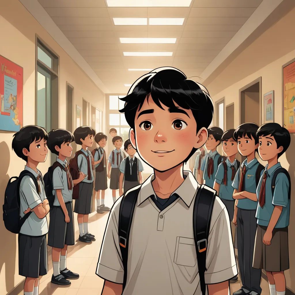 a boy in a school hallway with a group of school children in the background looking at the camera with a smile on his face, serial art, a comic book panel, Abidin Dino, graphic novel