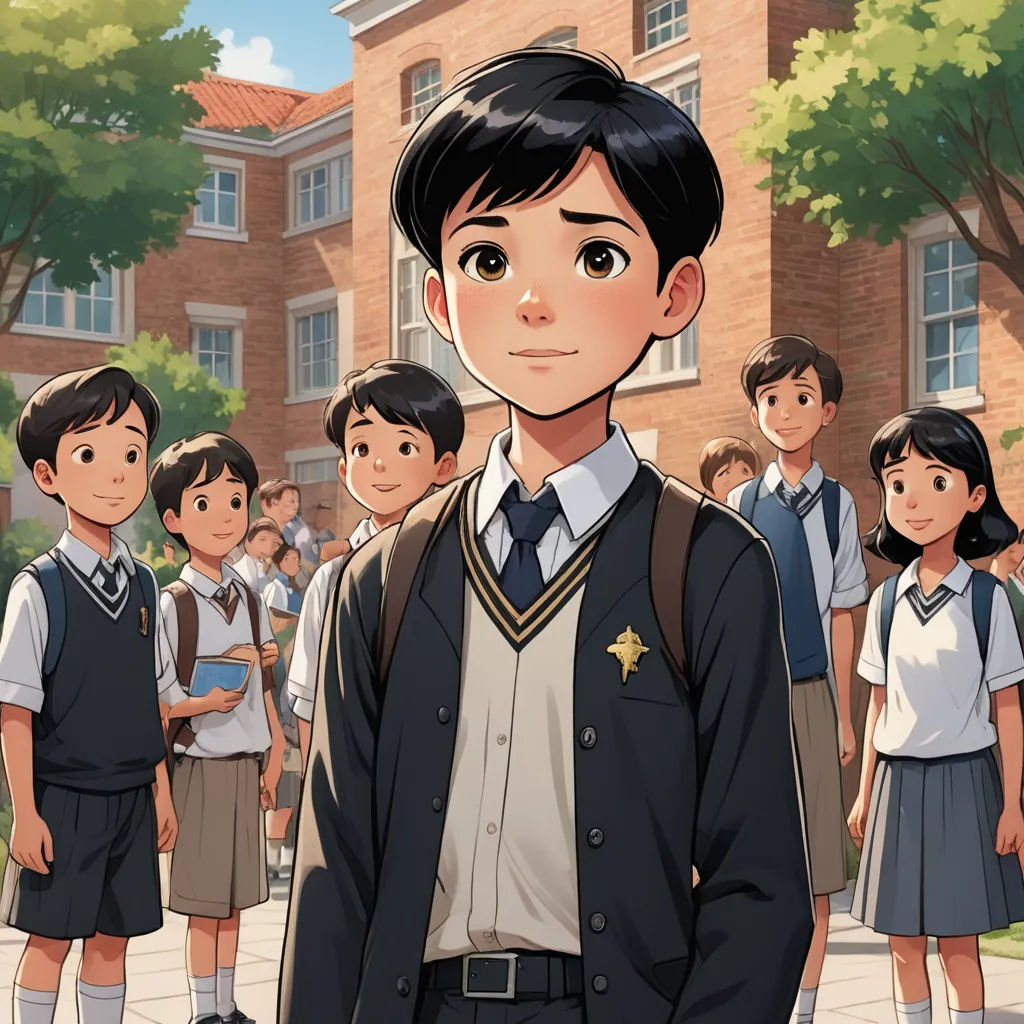a boy in a school uniform standing in front of a group of children in uniform in front of a building, paris school, a comic book panel, David Park, official art