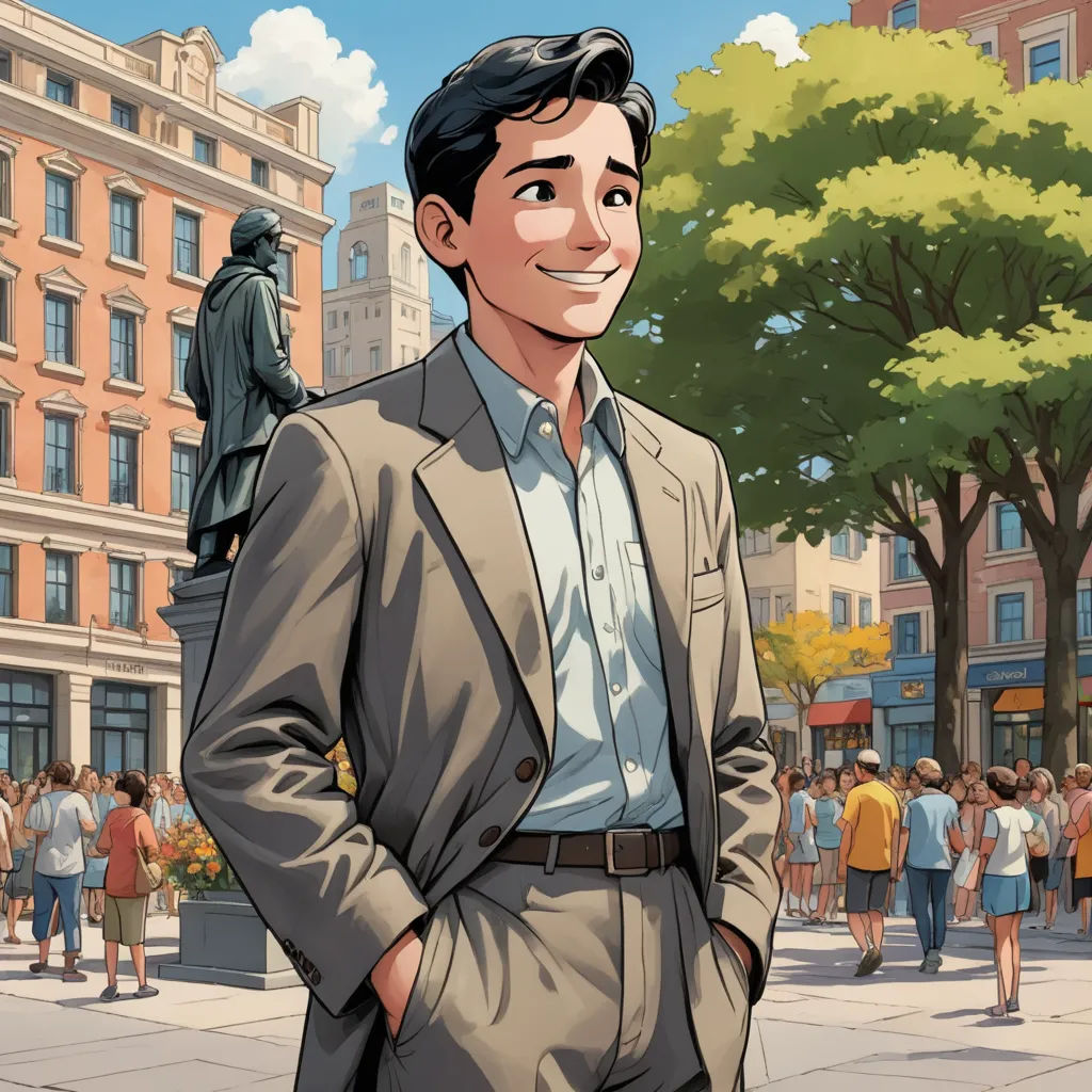 a man in a suit standing in front of a statue of a man in a suit and tie in a city, american scene painting, a comic book panel, F Scott Hess, graphic novel