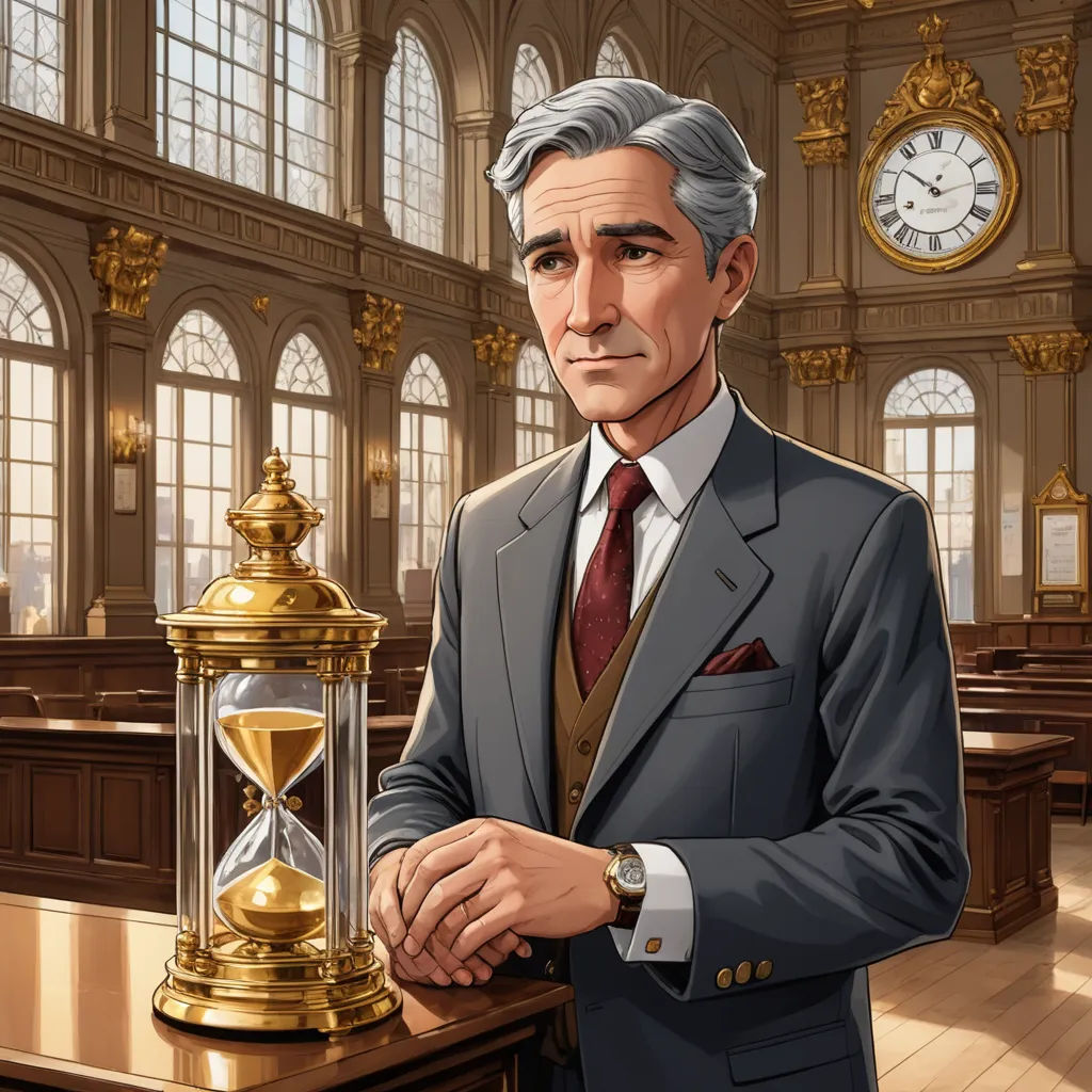 a man in a suit and tie holding a hourglass in a courtroom with a clock on the wall, new objectivity, a character portrait, Cedric Seaut (Keos Masons), very detailed face
