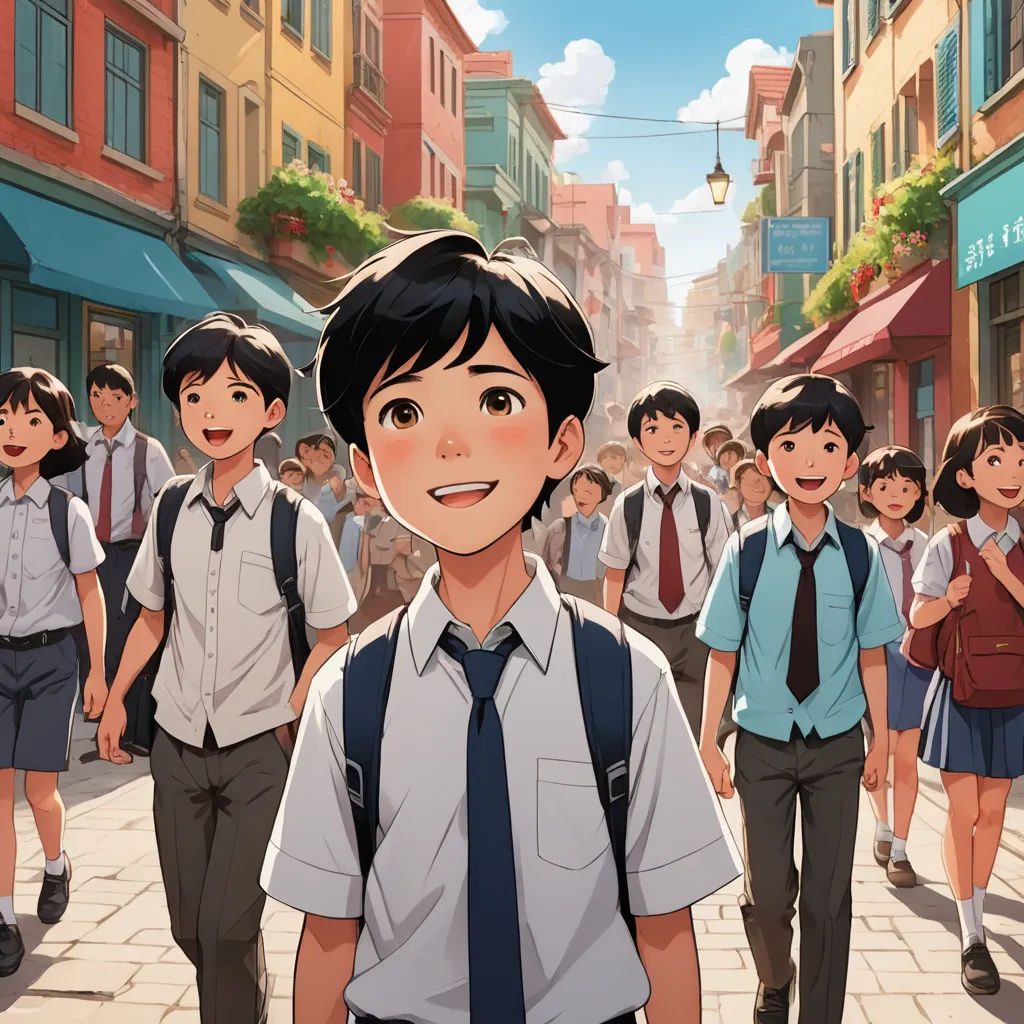 a boy in a school uniform standing in front of a group of school children in a city street with buildings, photorealism, a comic book panel, Asaf Hanuka, official art