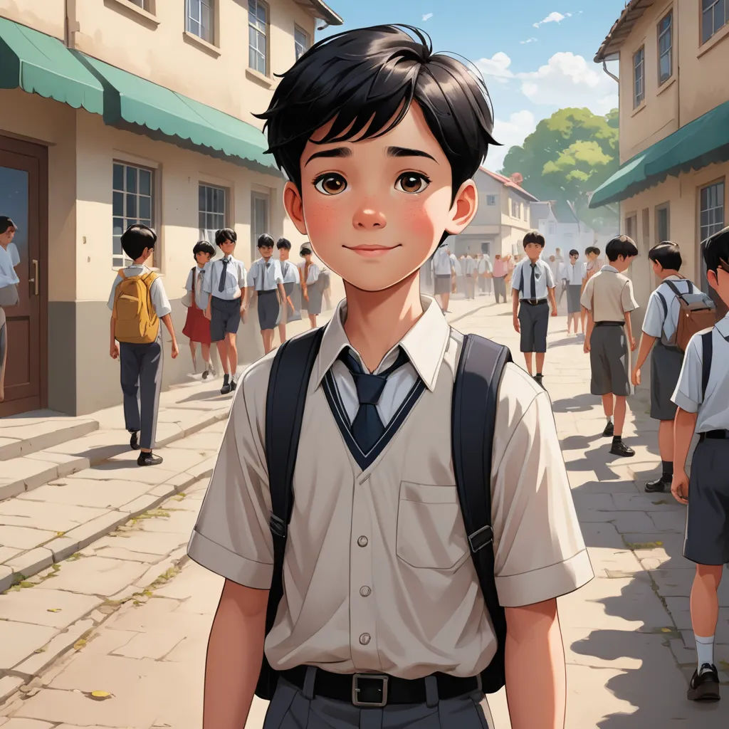 a boy in a school uniform standing in front of a group of people on a street with buildings in the background, paris school, a character portrait, David Park, official art