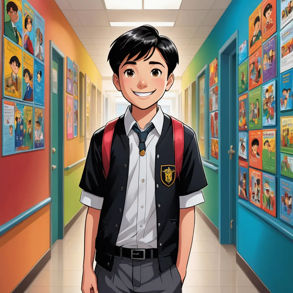 a boy in a school uniform is standing in a hallway with posters on the walls and smiling at the camera, paris school, a character portrait, Du Jin, official art