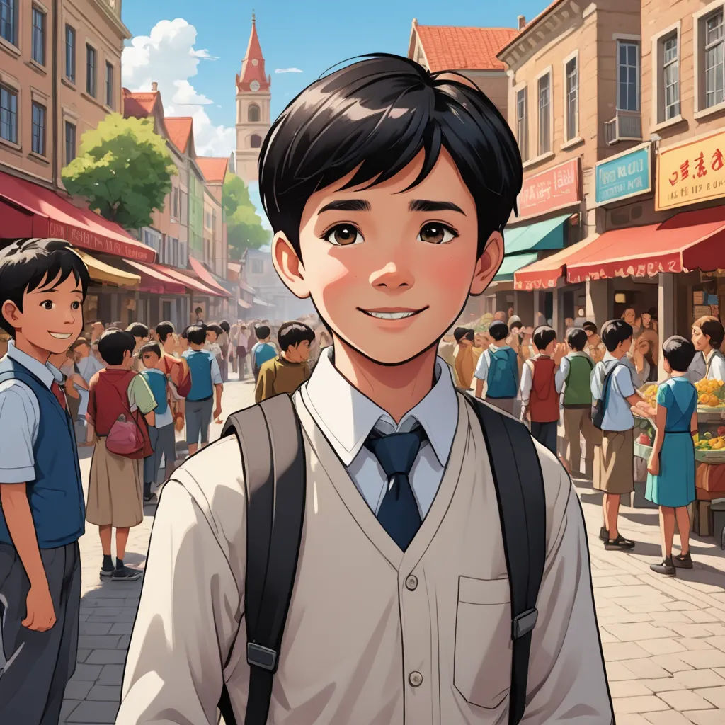 a boy in a school uniform standing in front of a crowd of people on a street with buildings in the background, photorealism, a comic book panel, Du Jin, official art